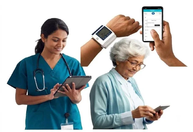 A nurse with a tablet, a wrist blood-pressure monitor paired with a phone, and an older woman using a smartphone