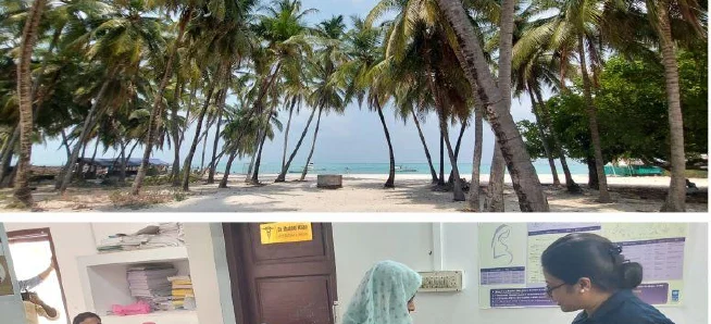 A palm-lined beach in Lakshadweep and a clinic consultation